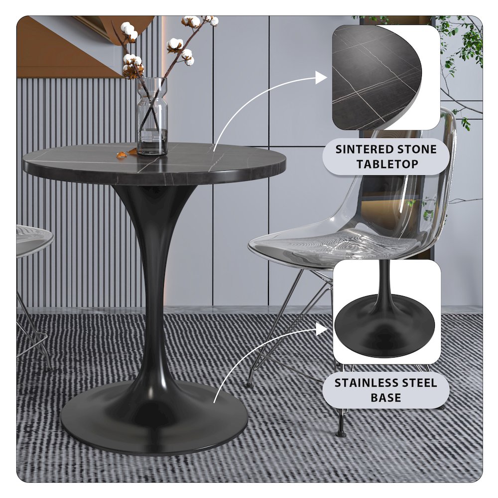 Verve Collection 27 Round Dining Table, Black Base with Sintered Stone Black Top. Picture 1