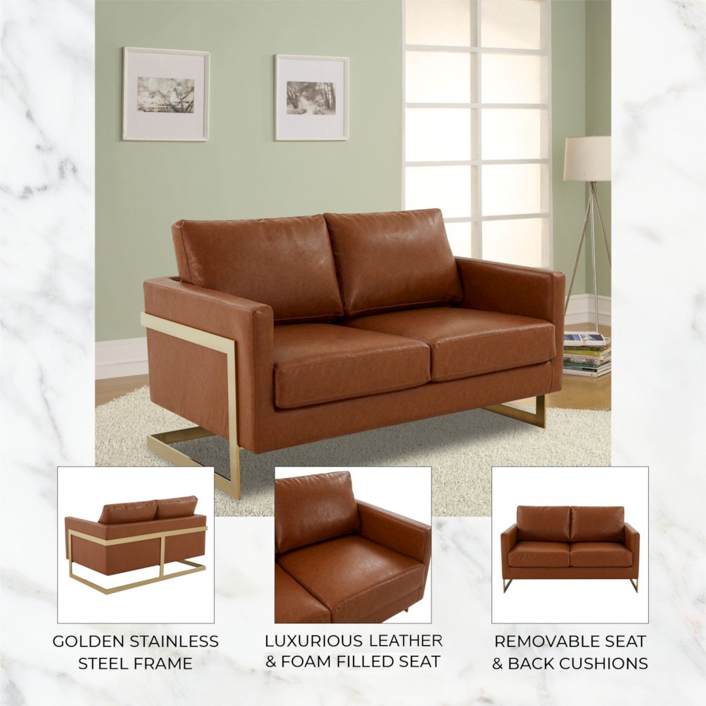 Lincoln Modern Mid-Century Upholstered Leather Loveseat with Gold Frame. Picture 12