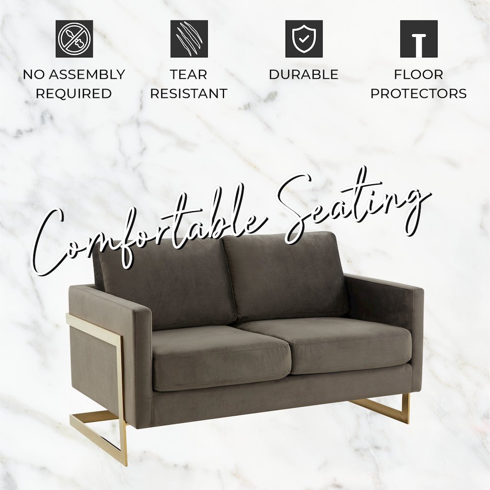 Lincoln Modern Mid-Century Upholstered Velvet Loveseat with Gold Frame. Picture 9