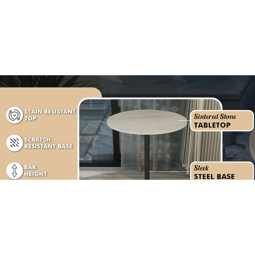 Bar Height Table Black Base with 27" Round Marble White Sintered Stone Top. Picture 8