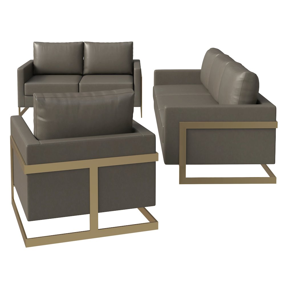 Lincoln 3-Piece Velvet Living Room Sofa Set With Gold Frame Grey. Picture 3