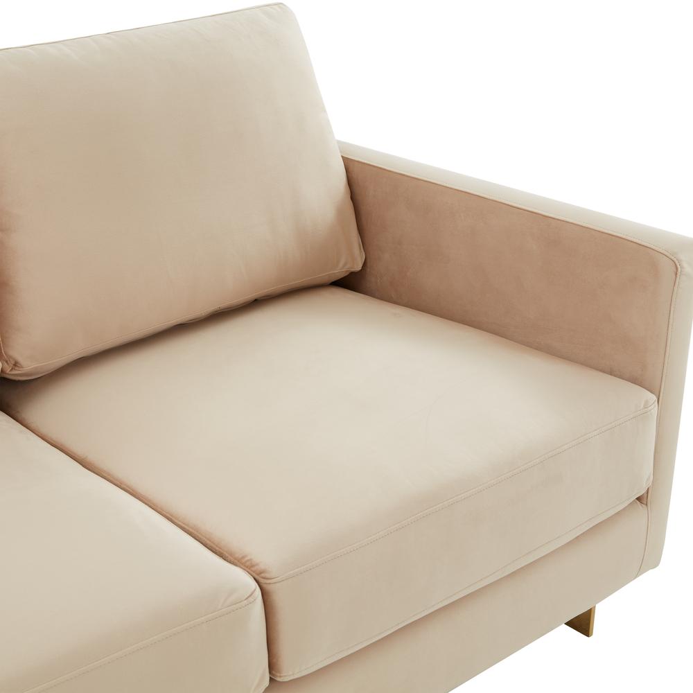 LeisureMod Lincoln Modern Mid-Century Upholstered Velvet Loveseat with Gold Frame, Beige. Picture 5