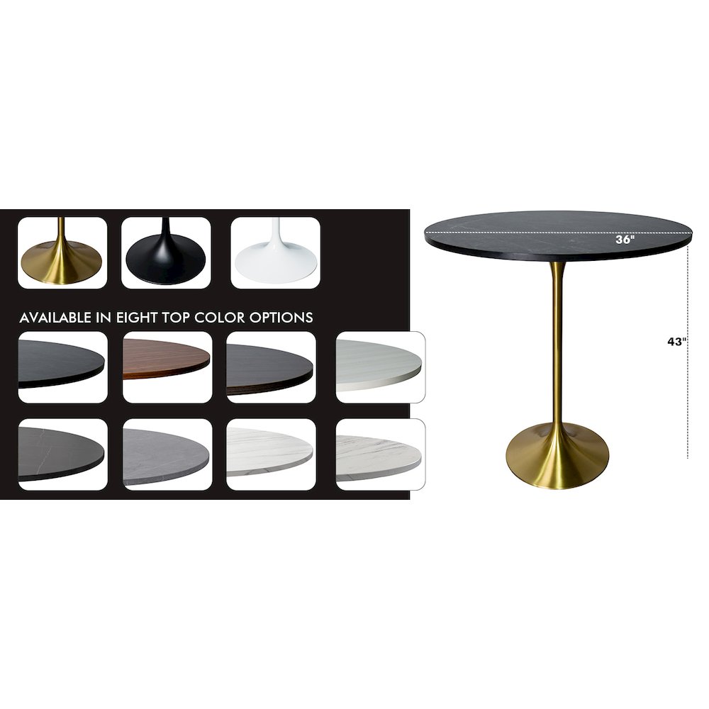 Bar Height Table Brushed Gold Base with 36" Round Black Marbelized MDF Top. Picture 7