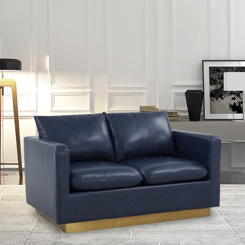 Nervo Modern Mid-Century Upholstered Leather Loveseat with Gold Frame. Picture 3