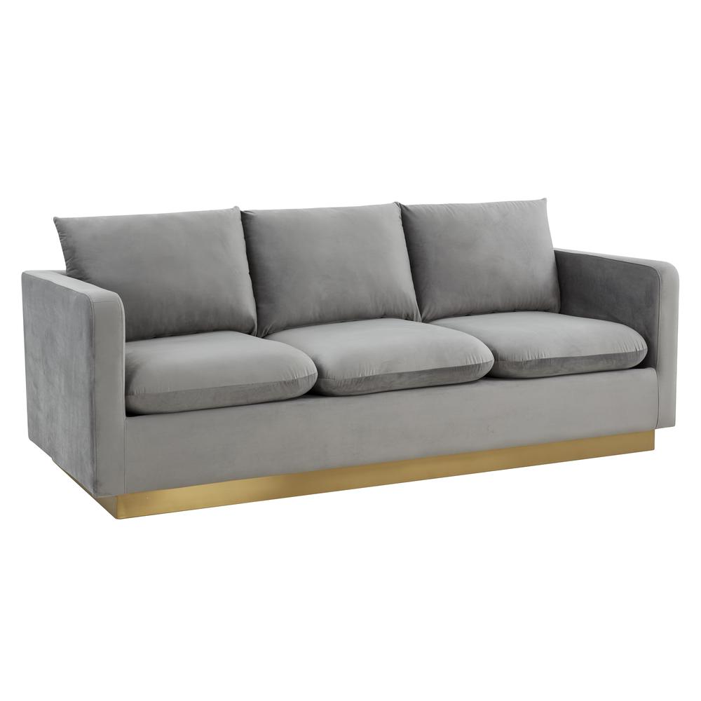 Nervo Modern Mid-Century Upholstered Velvet Sofa with Gold Frame. Picture 3