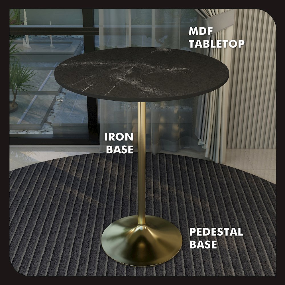 Bar Height Table Brushed Gold Base with 36" Round Black Marbelized MDF Top. Picture 23