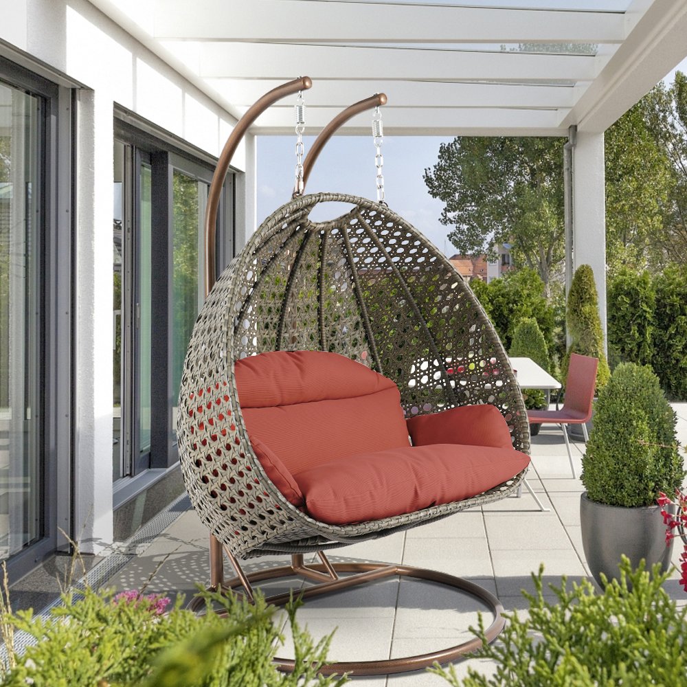 Beige Wicker Hanging 2 person Egg Swing Chair. Picture 2