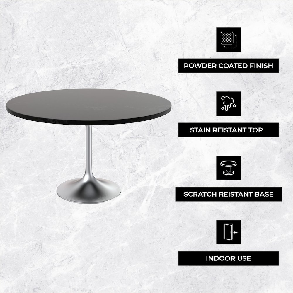 Verve Collection 48" Round Dining Table, Brushed Chrome Base with Black MDF Top. Picture 1