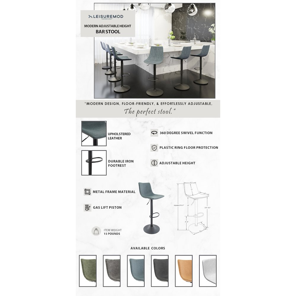 Tilbury Modern Adjustable Bar Stool in Peacock Blue. Picture 1