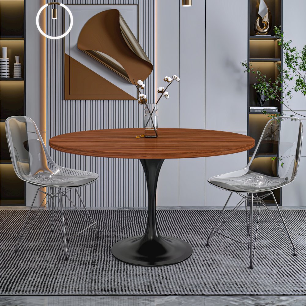 Verve Collection 48 Round Dining Table, Black Base with Cognac Brown MDF Top. Picture 6
