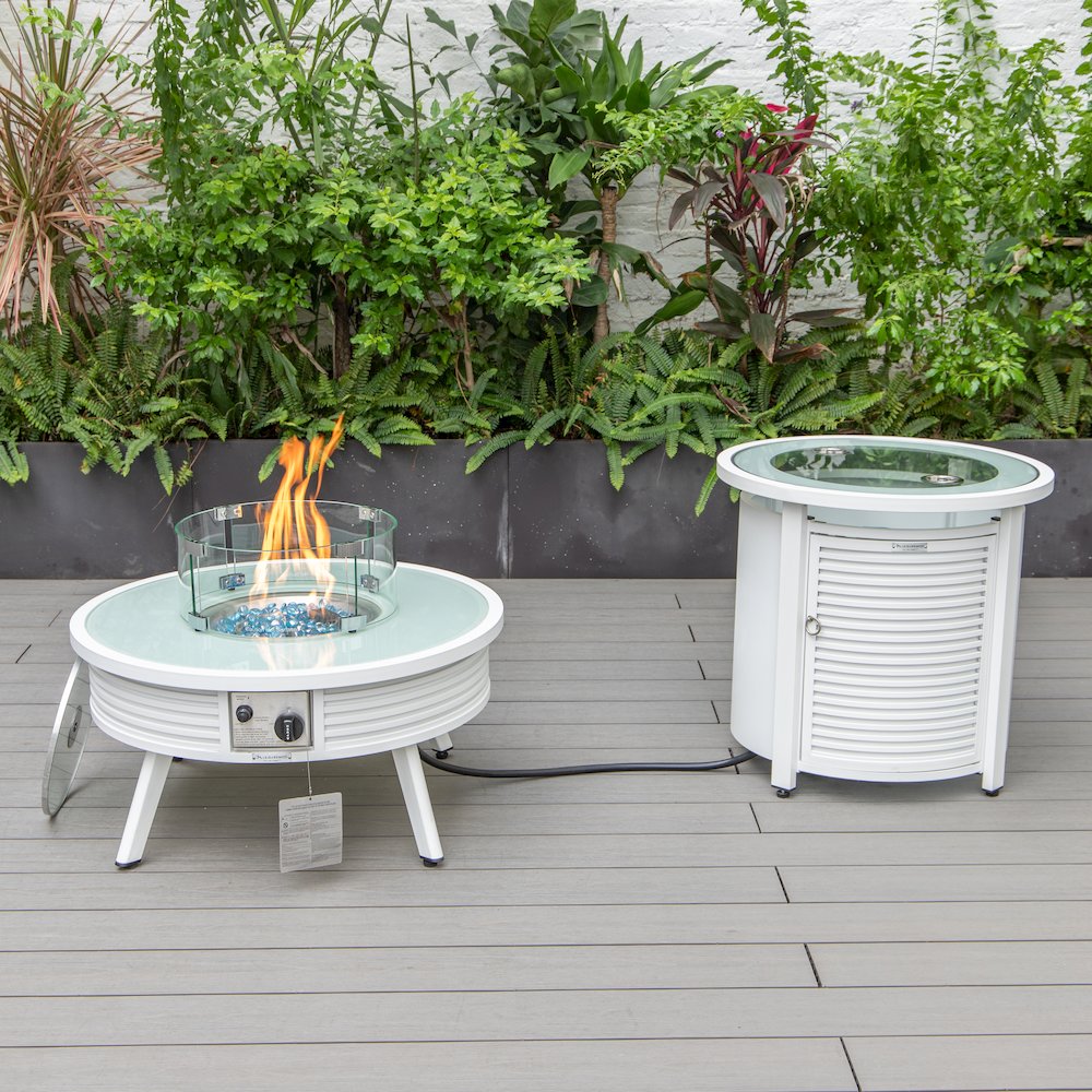 Walbrooke Patio Round Fire Pit and Tank Holder with Slats Design in White. Picture 1