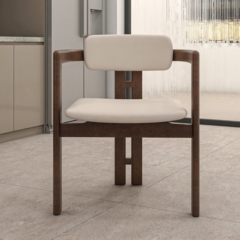 Velo Series Modern Dining Chair in Walnut Color Wood with Toupe Seat. Picture 3