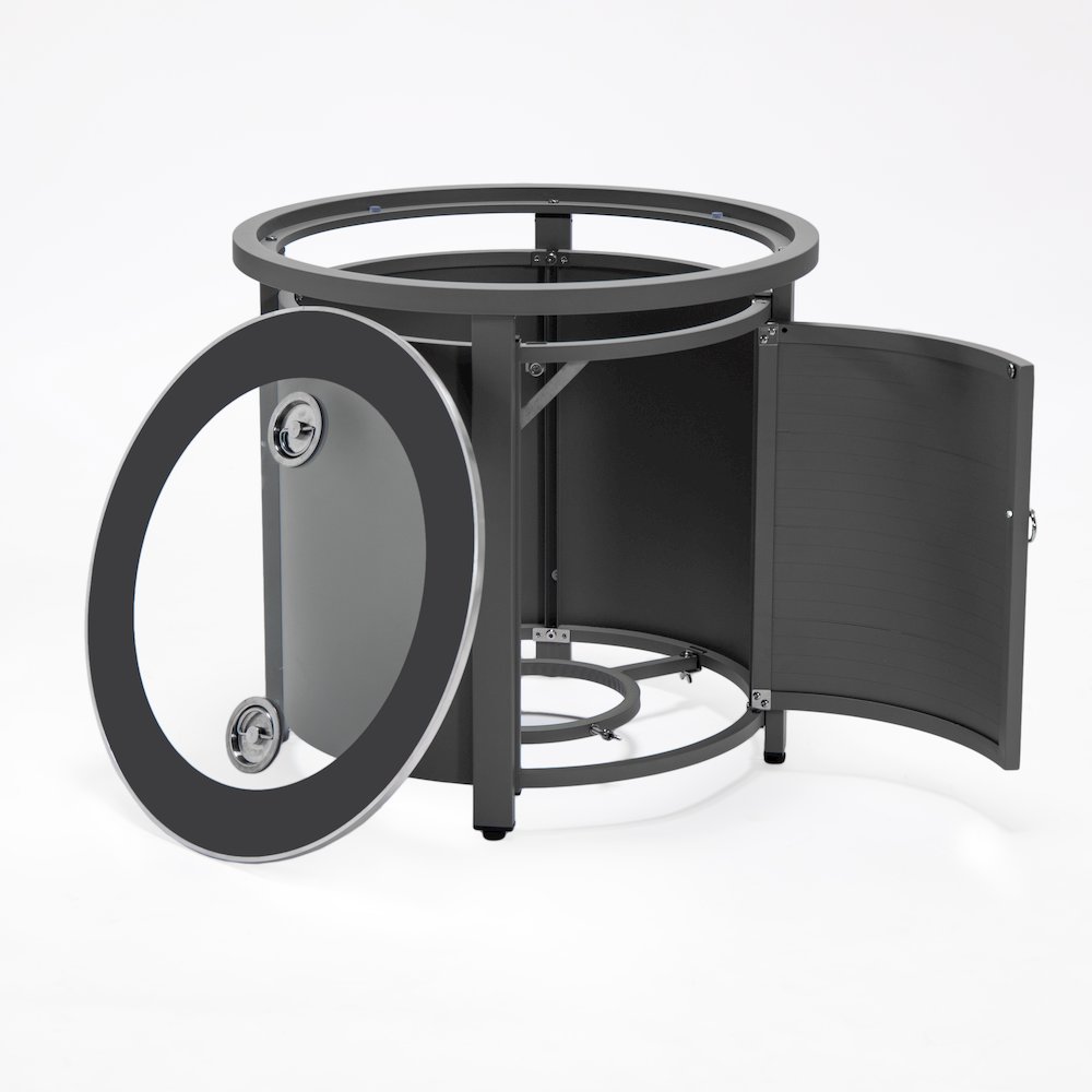 Walbrooke Patio Round Fire Pit and Tank Holder with Slats Design in Grey. Picture 13