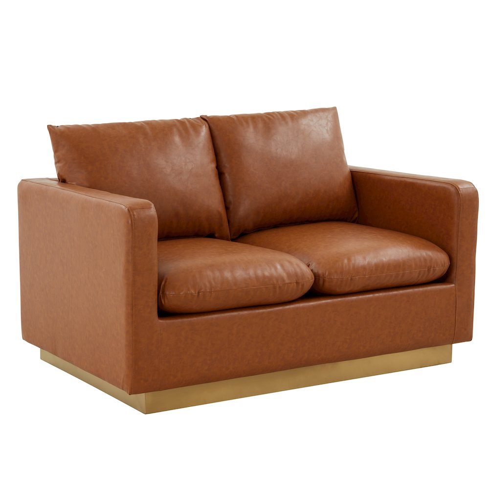 Nervo Modern Mid-Century Upholstered Leather Loveseat with Gold Frame. Picture 2