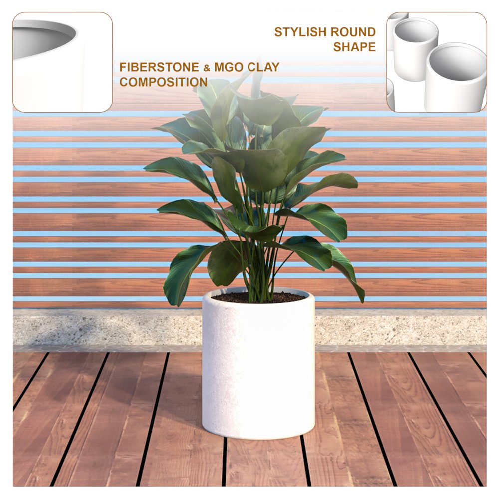 Tundra Series Poly Stone cylindrical Shape Planter in White 12" Dia, 14.2" High. Picture 7
