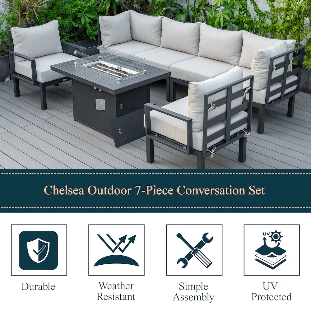 Chelsea 7-Piece Patio Sectional And Fire Pit Table Black Aluminum With Cushions. Picture 36