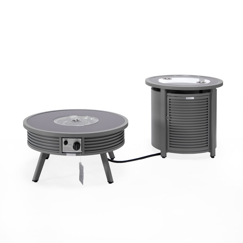 Walbrooke Patio Round Fire Pit and Tank Holder with Slats Design in Grey. Picture 2