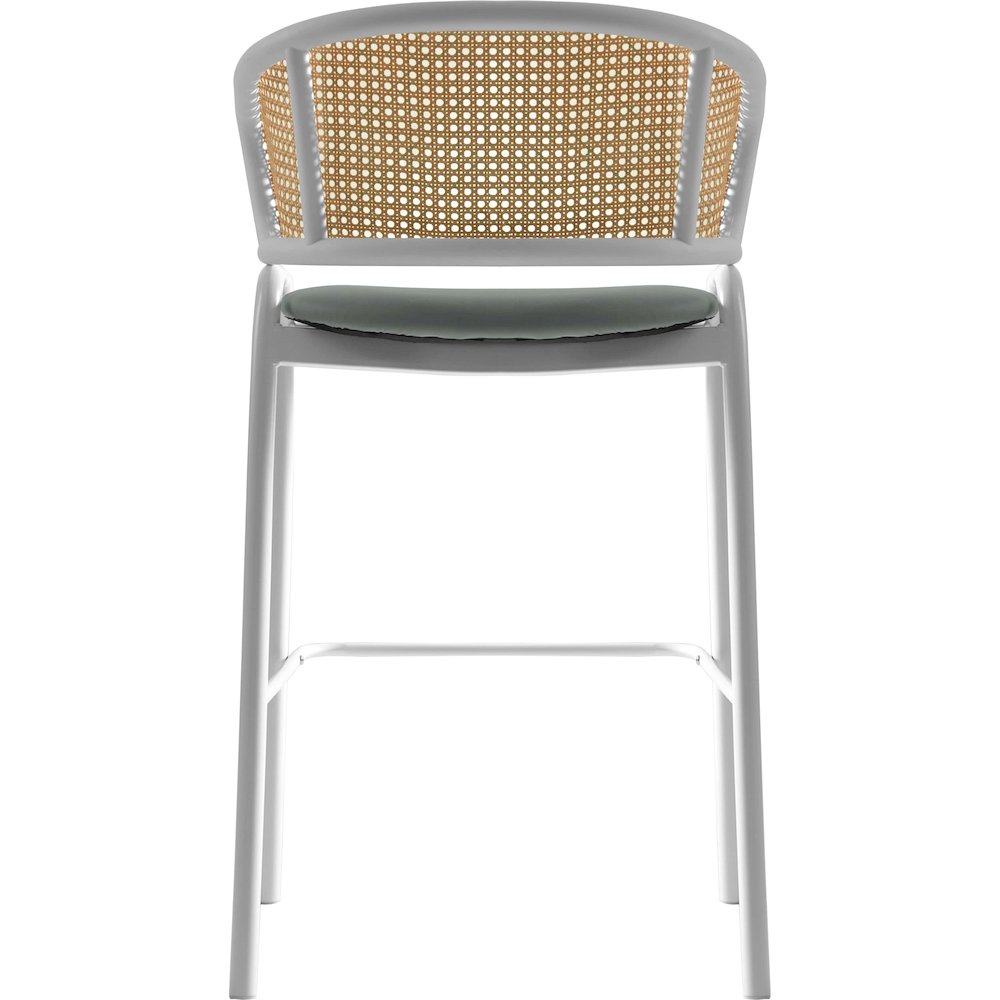 Ervilla Wicker Bar Stool with Fabric Seat and White Steel Frame - Grey leather. Picture 10