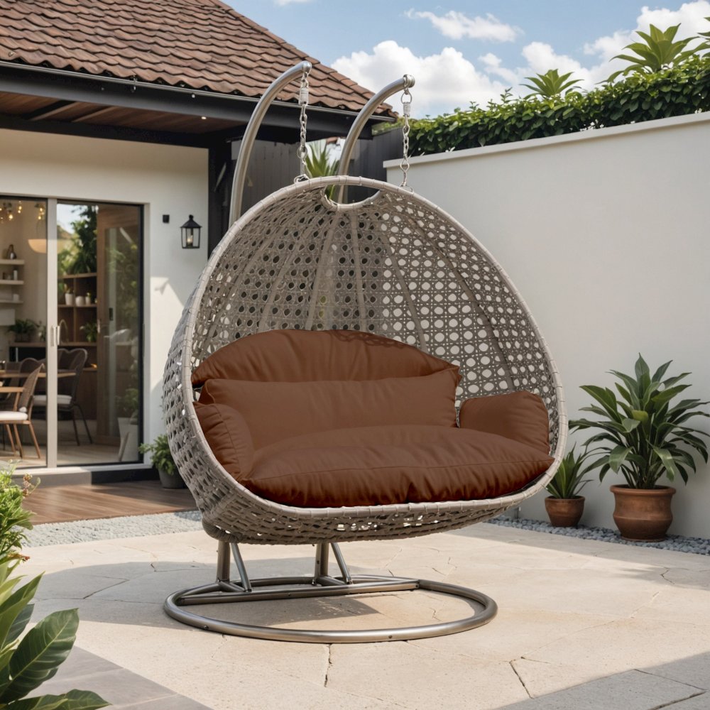 Beige Wicker Hanging 2 person Egg Swing Chair. Picture 1
