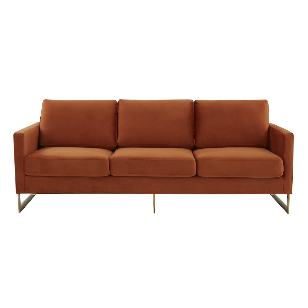 Lincoln Modern Mid-Century Upholstered Velvet Sofa with Gold Frame. Picture 5