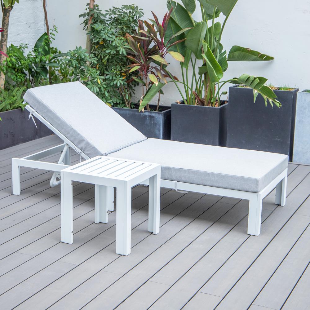 Chelsea Modern Outdoor White Chaise Lounge Chair With Side Table & Cushions. Picture 3