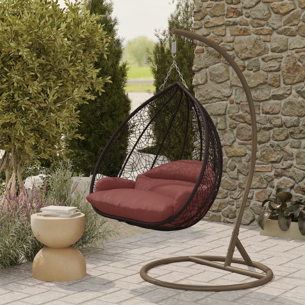 Recluse Collection Modern Outdoor Swing Chair Brown Frame Dark Orange Cushion. Picture 9