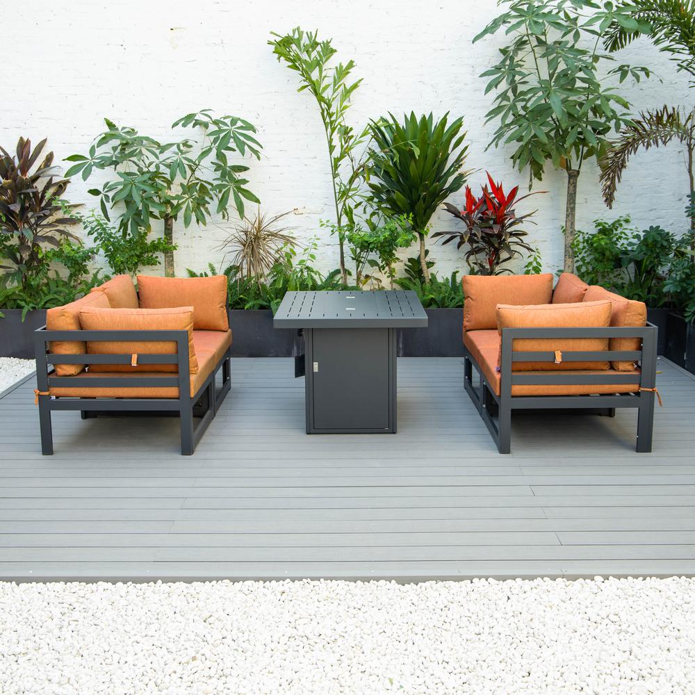 LeisureMod Chelsea 5-Piece Sectional Loveseat and Fireplace Set Black Aluminum with Cushions, Orange. Picture 3