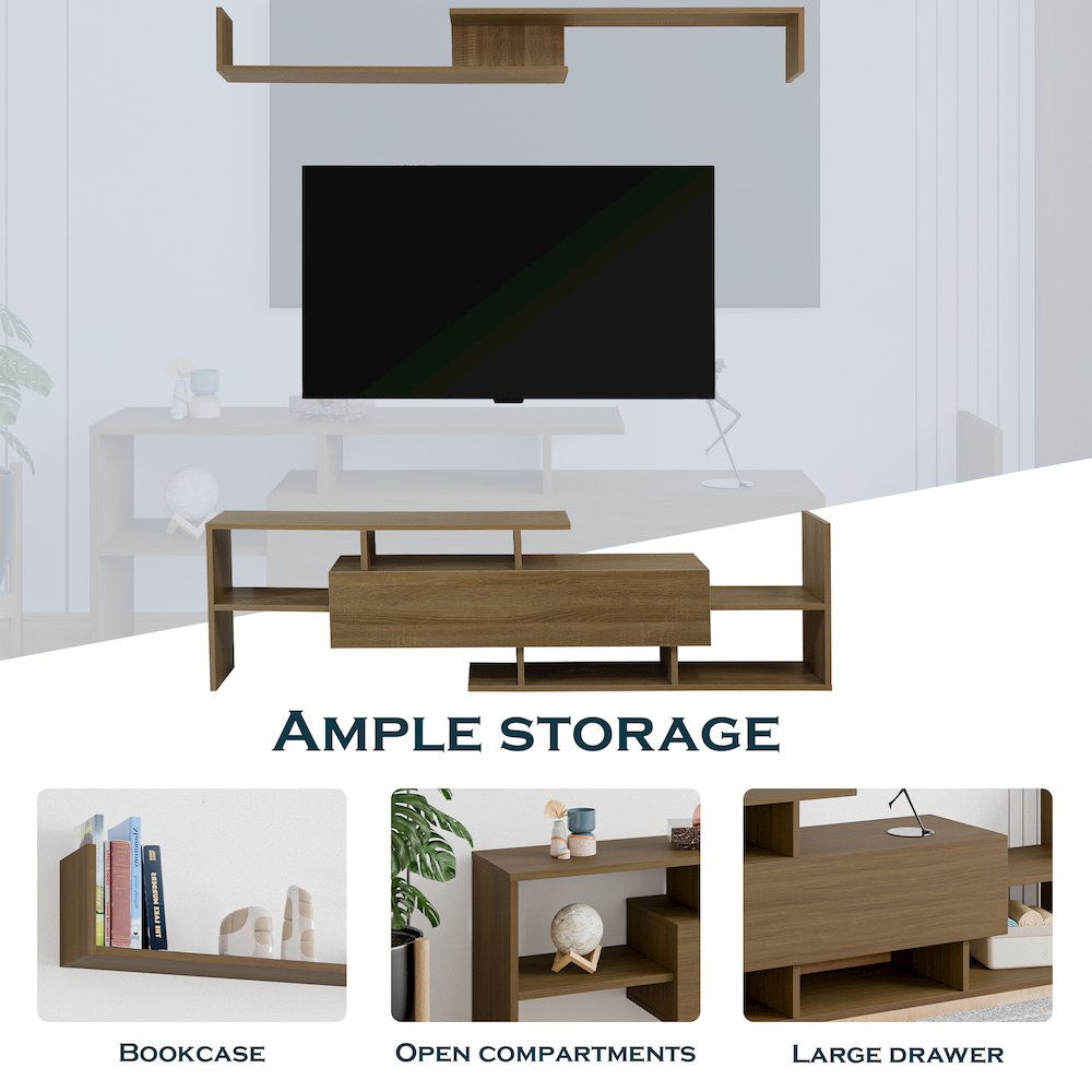 Surrey Modern TV Stand with MDF Shelves and Bookcase in Oak Wood. Picture 3