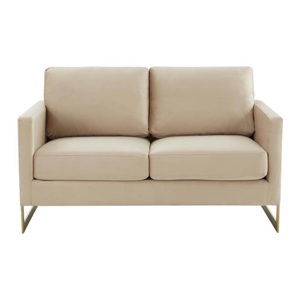 LeisureMod Lincoln Modern Mid-Century Upholstered Velvet Loveseat with Gold Frame, Beige. Picture 3