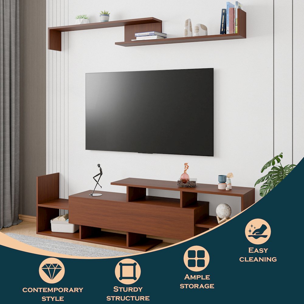 Surrey Modern TV Stand with MDF Shelves and Bookcase in Walnut. Picture 1