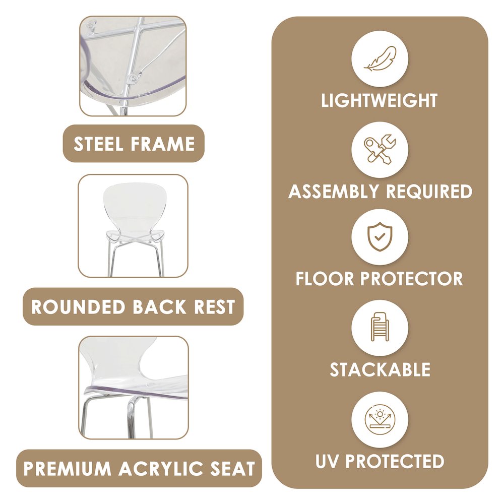 Oyster Acrylic Barstool with Steel Frame in Chrome Finish in Clear. Picture 15