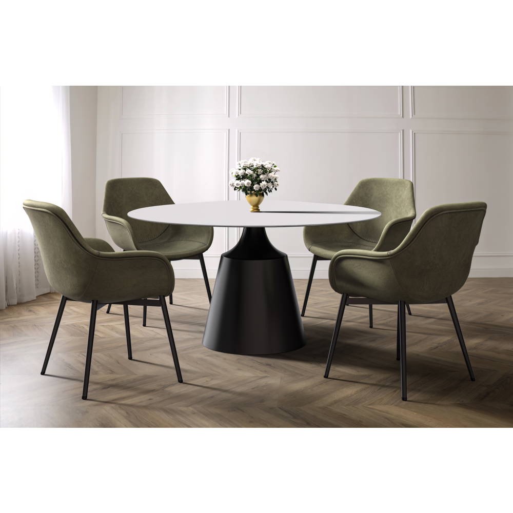 Round Dining Table Black Base with 60 Round Solid White Sintered Stone Top. Picture 4