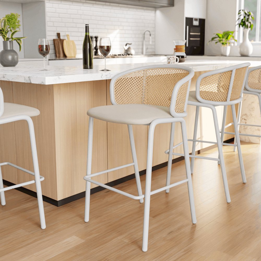 Ervilla Mid-Century Modern Wicker Bar Stool in Beige. Picture 1