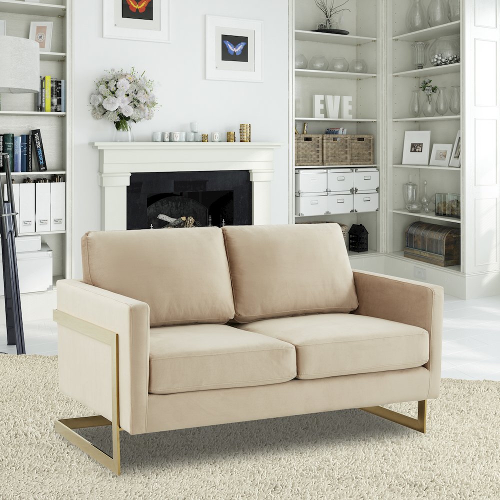 Lincoln Modern Mid-Century Upholstered Velvet Loveseat with Gold Frame. Picture 4
