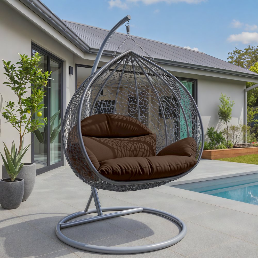 Recluse Collection Modern Outdoor Swing Chair Grey Frame with ES57 Brown Cushion. Picture 13