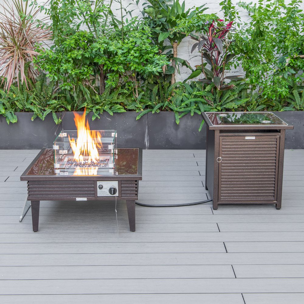 Walbrooke Patio Square Fire Pit and Tank Holder with Slats Design in Brown. Picture 22
