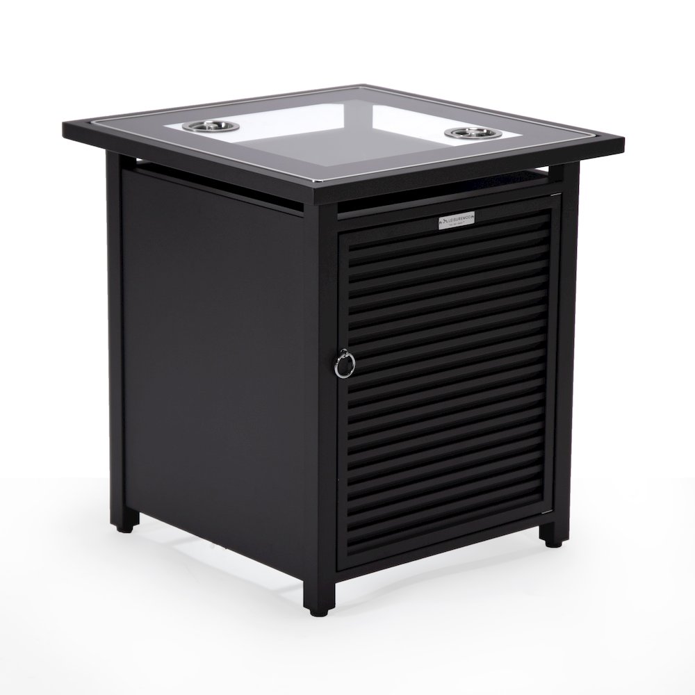 Walbrooke Patio Square Fire Pit and Tank Holder with Slats Design in Black. Picture 13