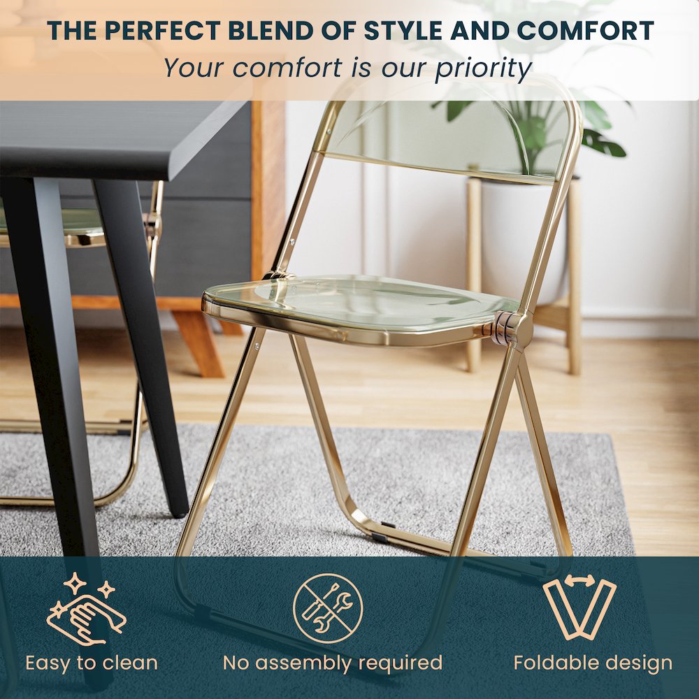 Lawrence Acrylic Folding Chair With Gold Metal Frame, Set of 2. Picture 6