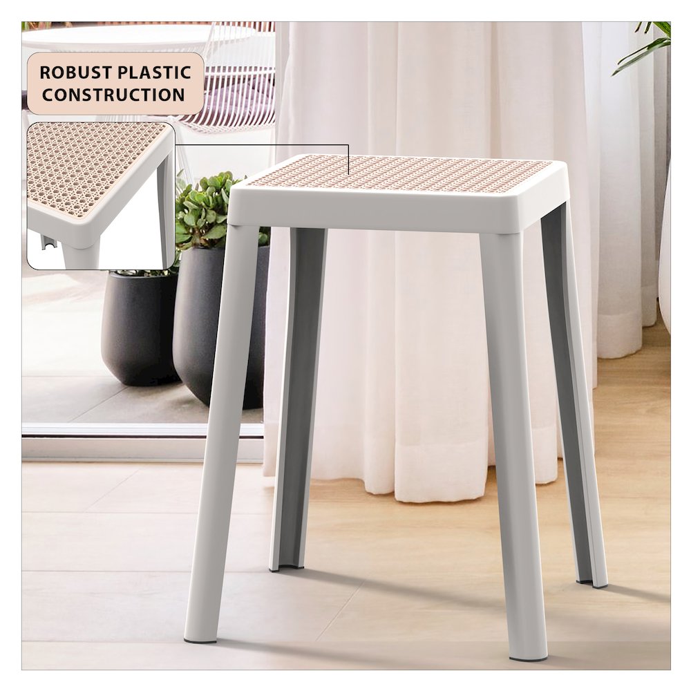 Tresse Series Stackable Poly Stool With Wicker Top 12 in White. Picture 8