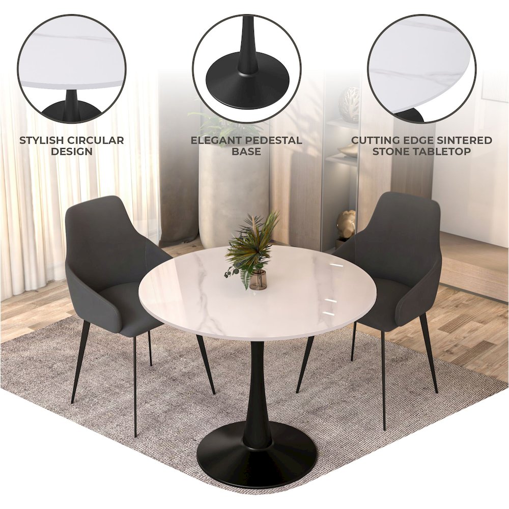 Bristol 35" round dining table Black base with White Sintered stone Top. Picture 4