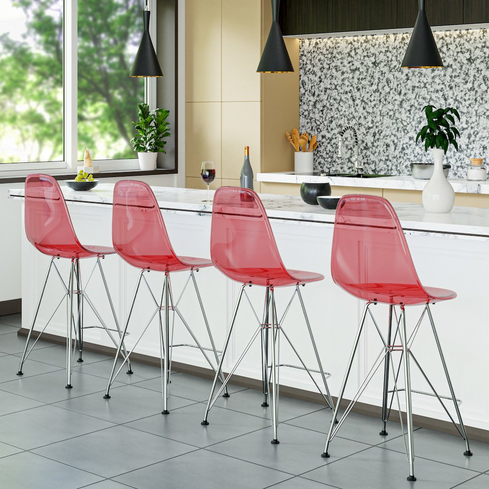 Cresco Modern Acrylic Barstool with Chrome Base and Footrest in Transparent Red. Picture 7