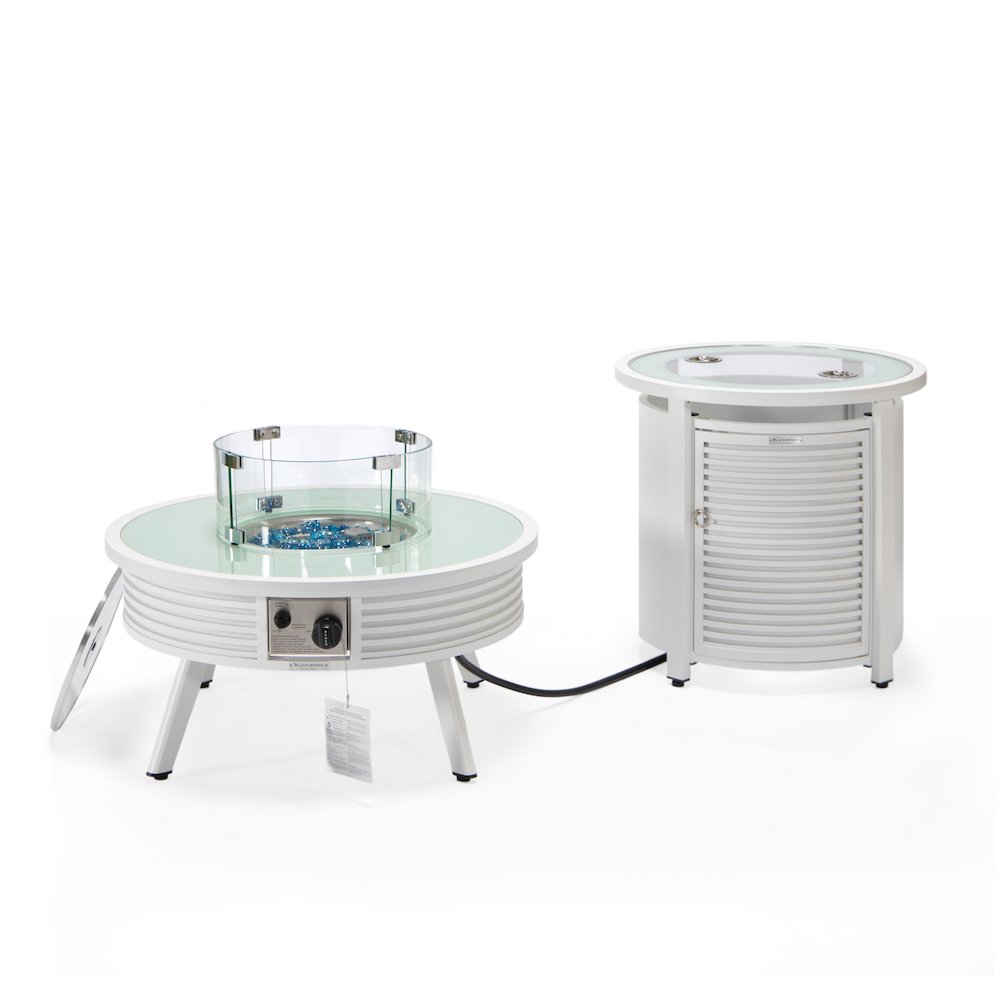 Walbrooke Patio Round Fire Pit and Tank Holder with Slats Design in White. Picture 4