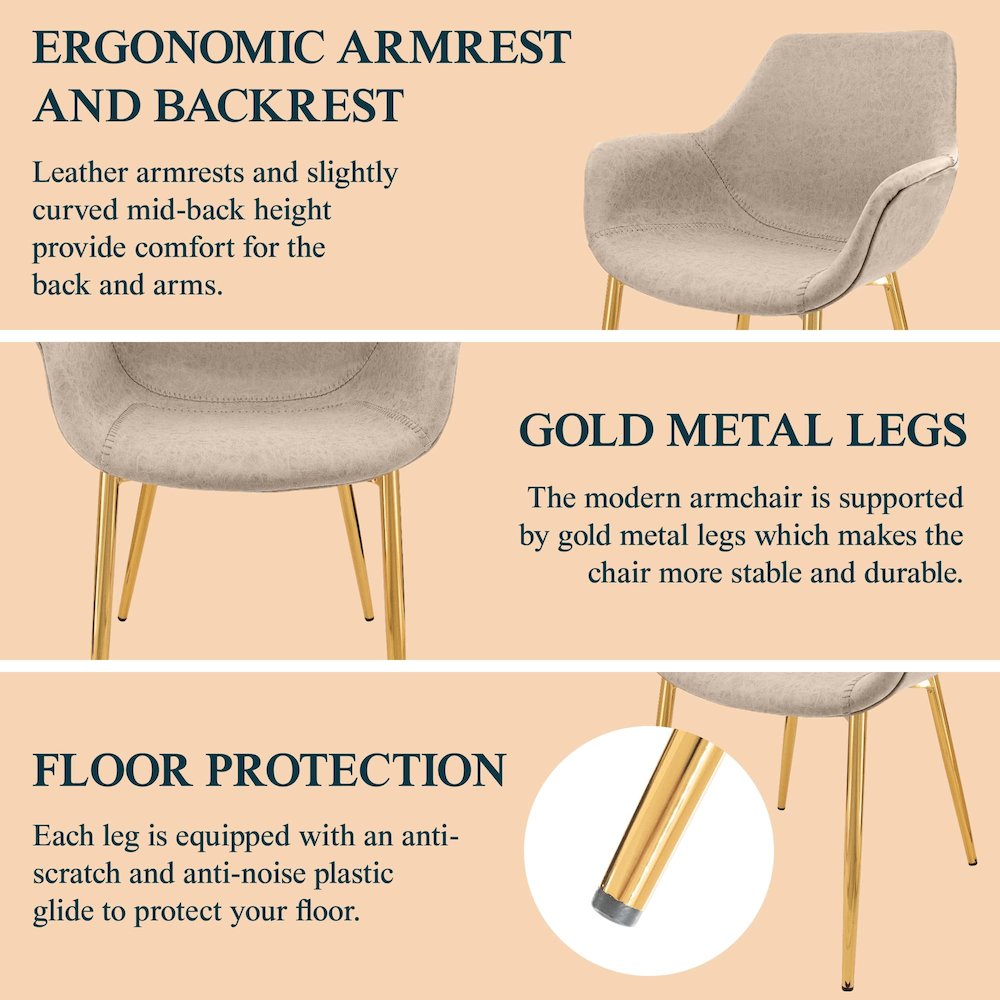 Markley Modern Leather Dining Arm Chair With Gold Legs in Taupe Set of 4. Picture 2