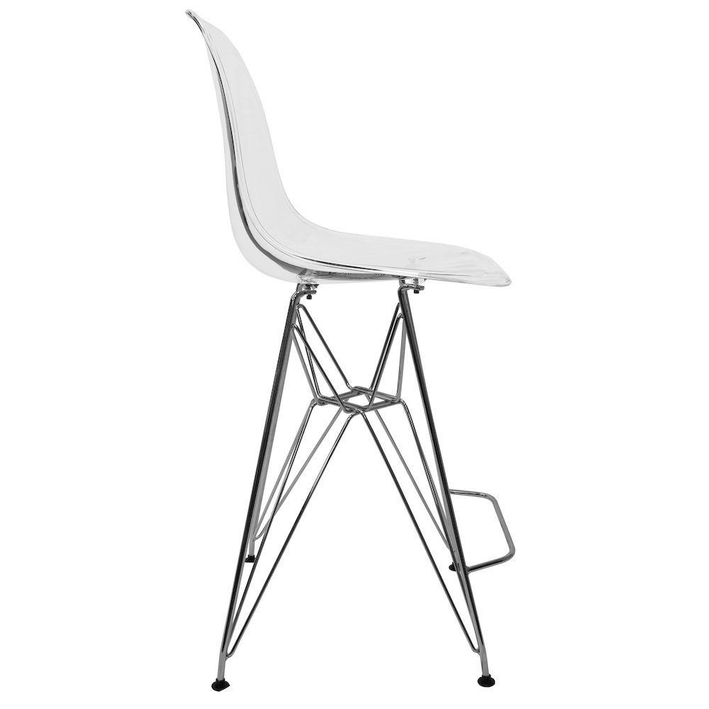 Cresco Modern Acrylic Barstool with Chrome Base and Footrest in Clear. Picture 6