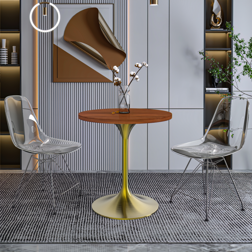 Verve 27" Round Dining Table, Brushed Gold Base with Cognac Brown MDF Top. Picture 14