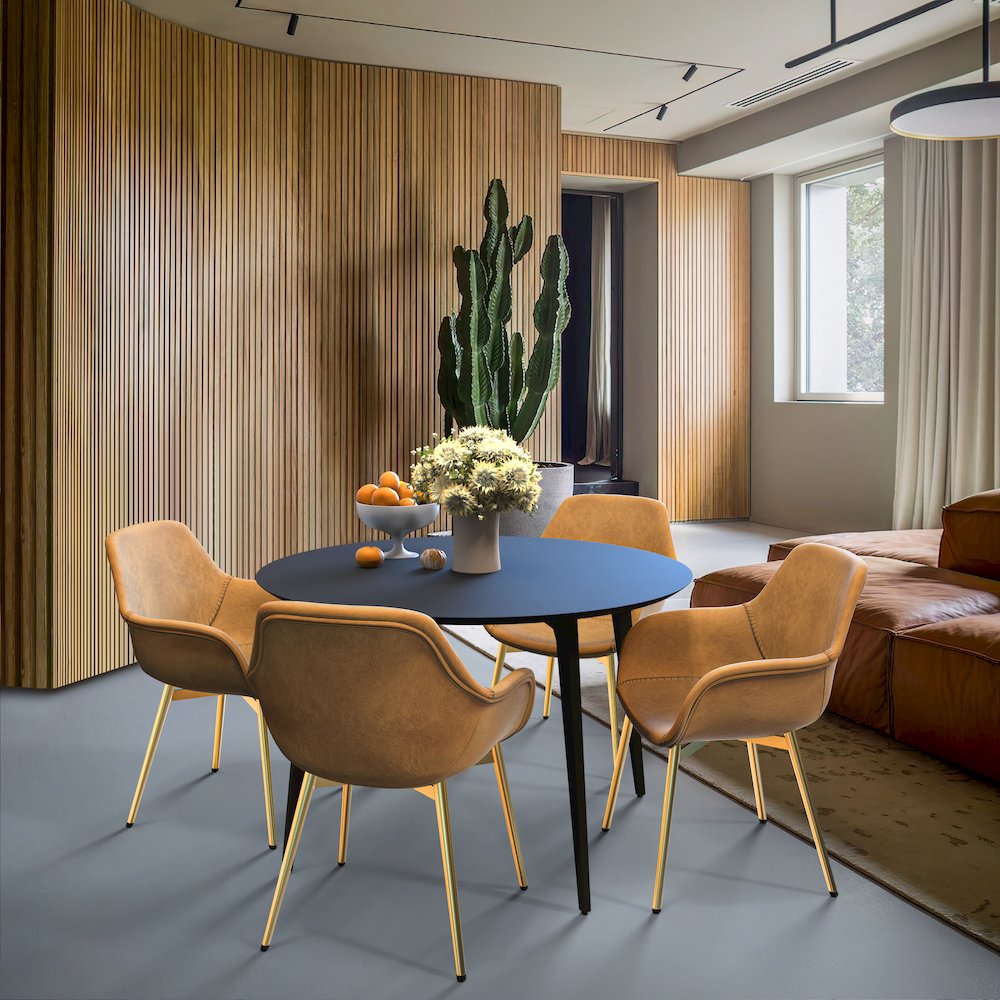 Markley Modern Leather Dining Arm Chair With Gold Metal Legs. Picture 14