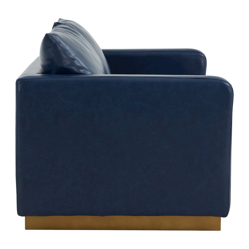 Nervo Modern Mid-Century Upholstered Leather Loveseat with Gold Frame. Picture 6