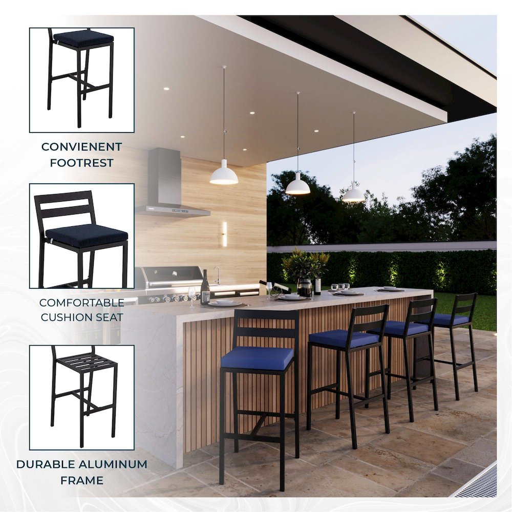 Chelsea Collection Modern Aluminum Chair in black with Blue Cushions - Set of 2. Picture 12