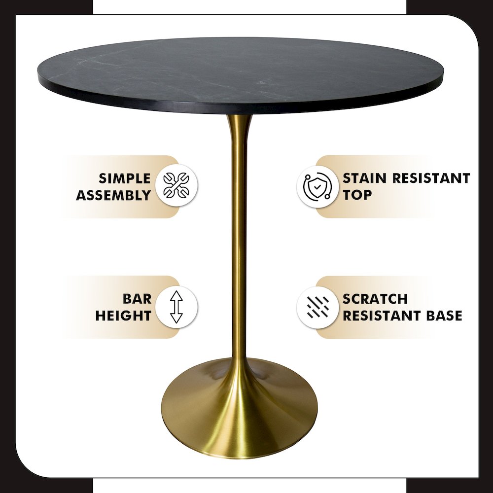 Bar Height Table Brushed Gold Base with 36" Round Black Marbelized MDF Top. Picture 4