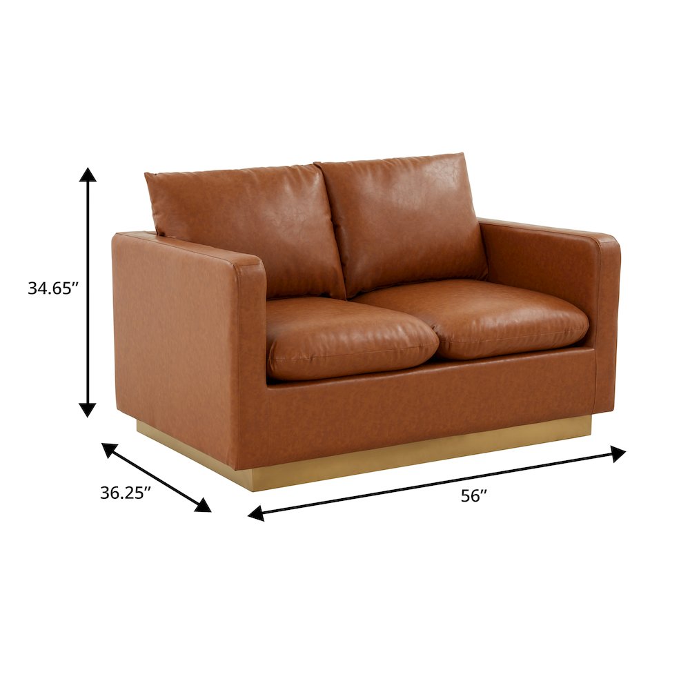 Nervo Modern Mid-Century Upholstered Leather Loveseat with Gold Frame. Picture 1